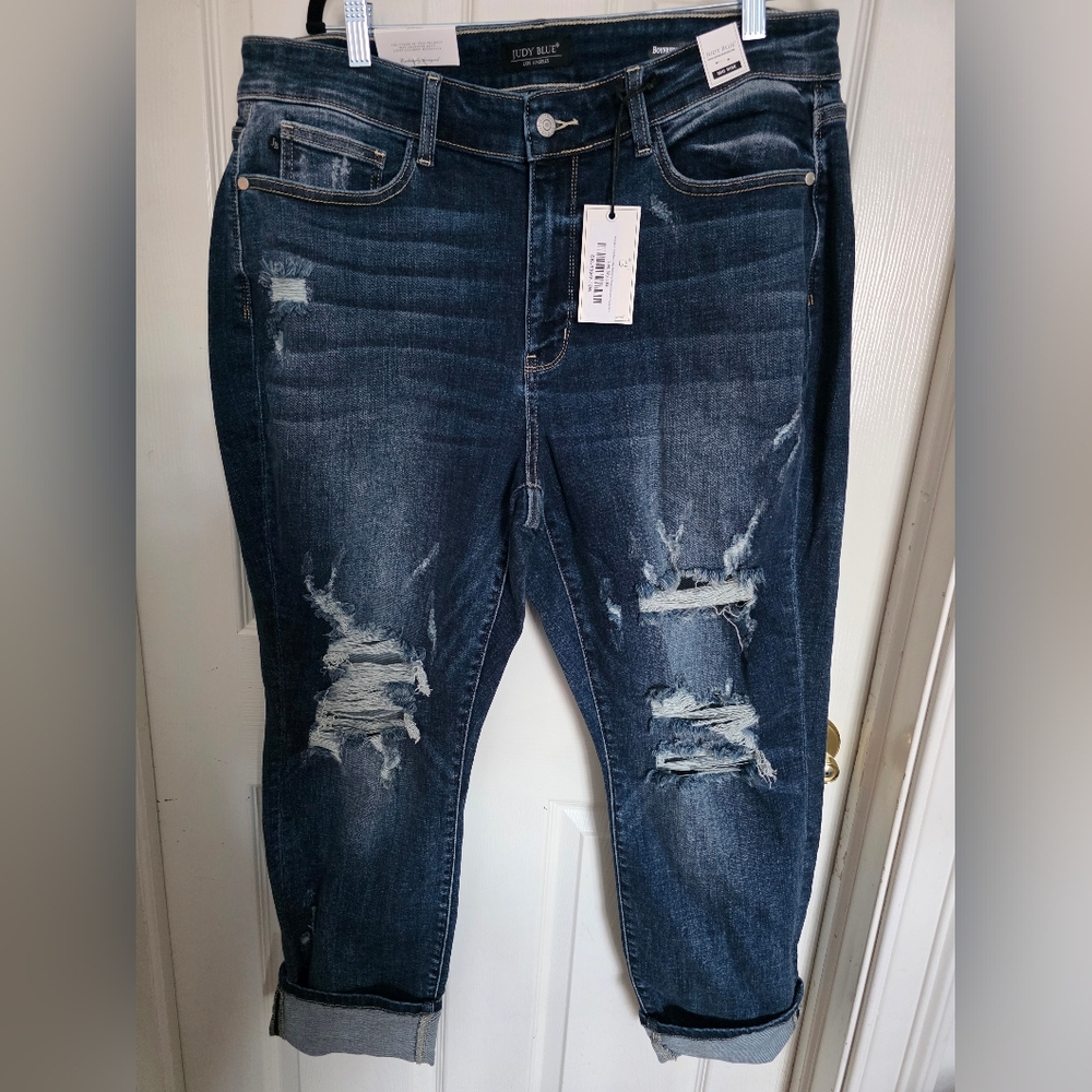 Judy Blue Boyfriend Fit Mid Rise Destroyed Ripped Blue Stretchy Jeans Size 18W